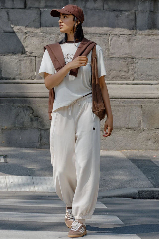 Bowie Barrel Leg Trackpant -Buff Contrast Chocolate Band
